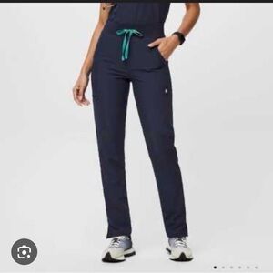 Figs Yola Yoga lined scrubs Navy Straight-Leg Scrub Pants with Teal Drawstring